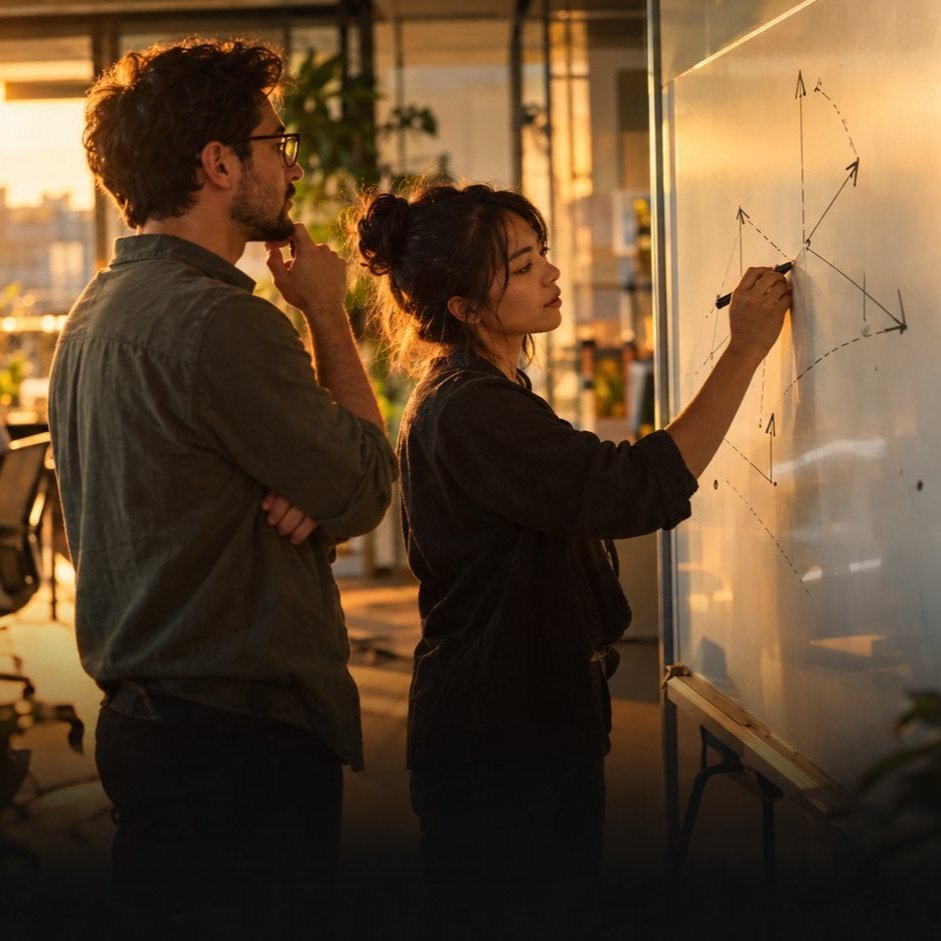 Two colleagues sketching vector diagrams on a whiteboard