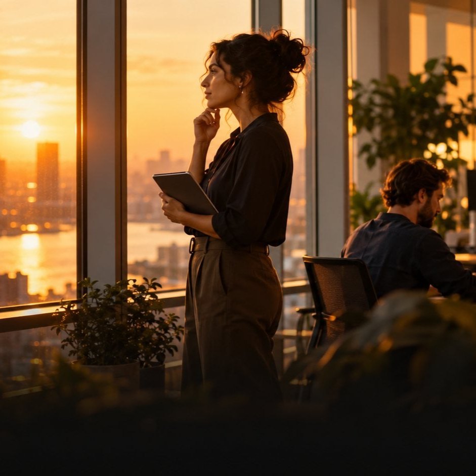 Strategist holding a tablet at a sunset office window overlooking the city