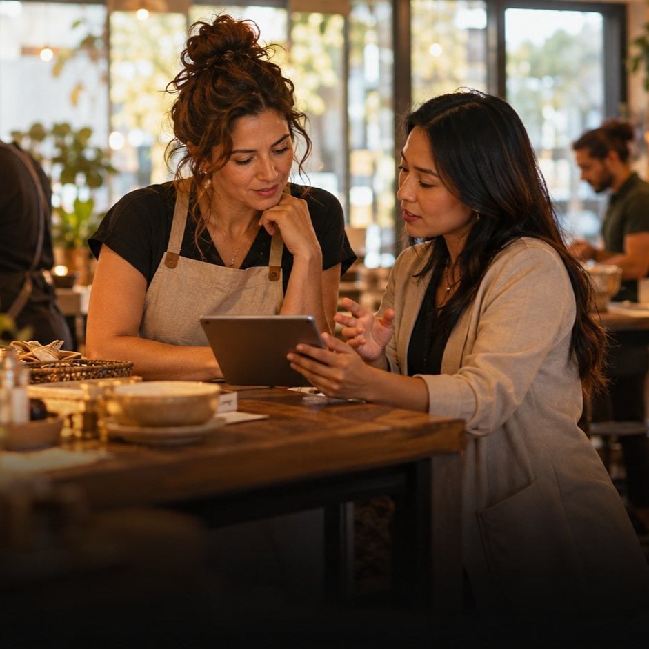 Boutique owner reviewing a tablet with a visiting marketer
