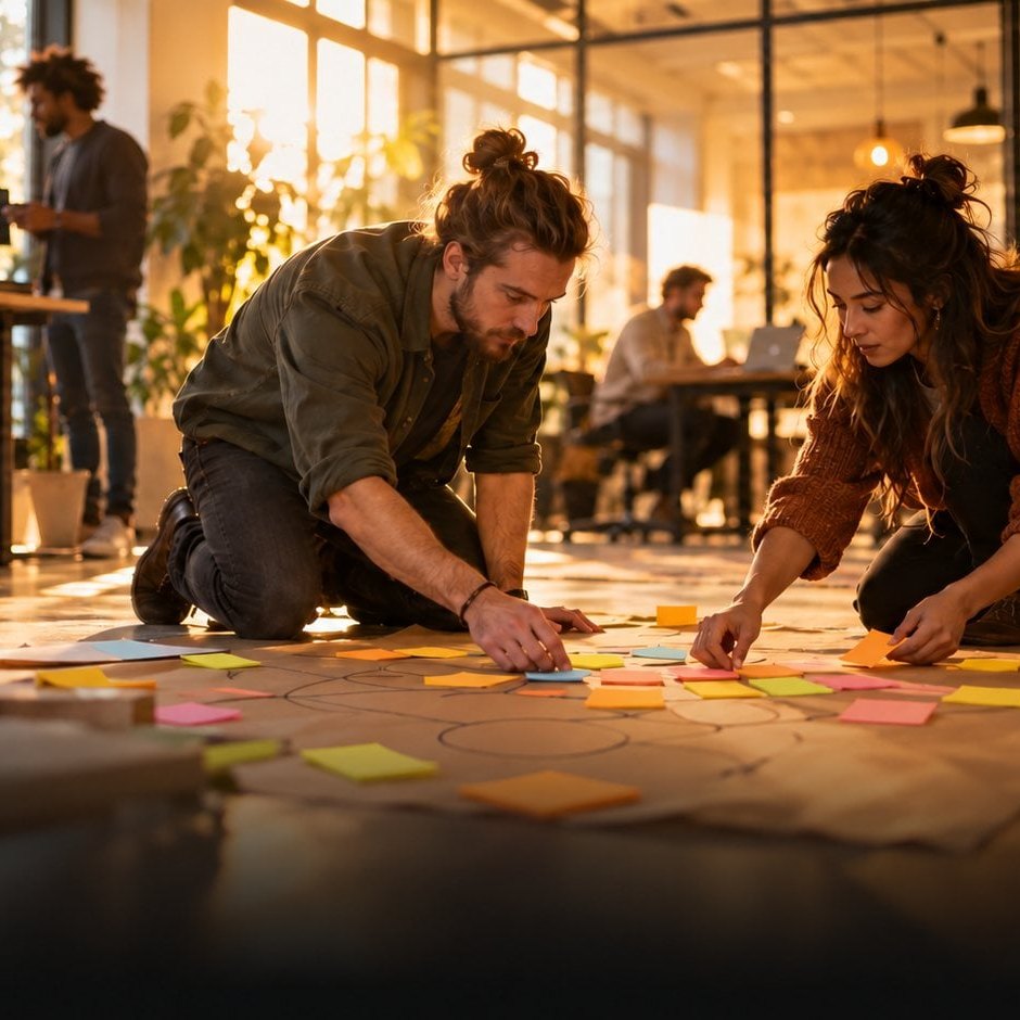 Two marketers arranging sticky notes into a topical map on the floor
