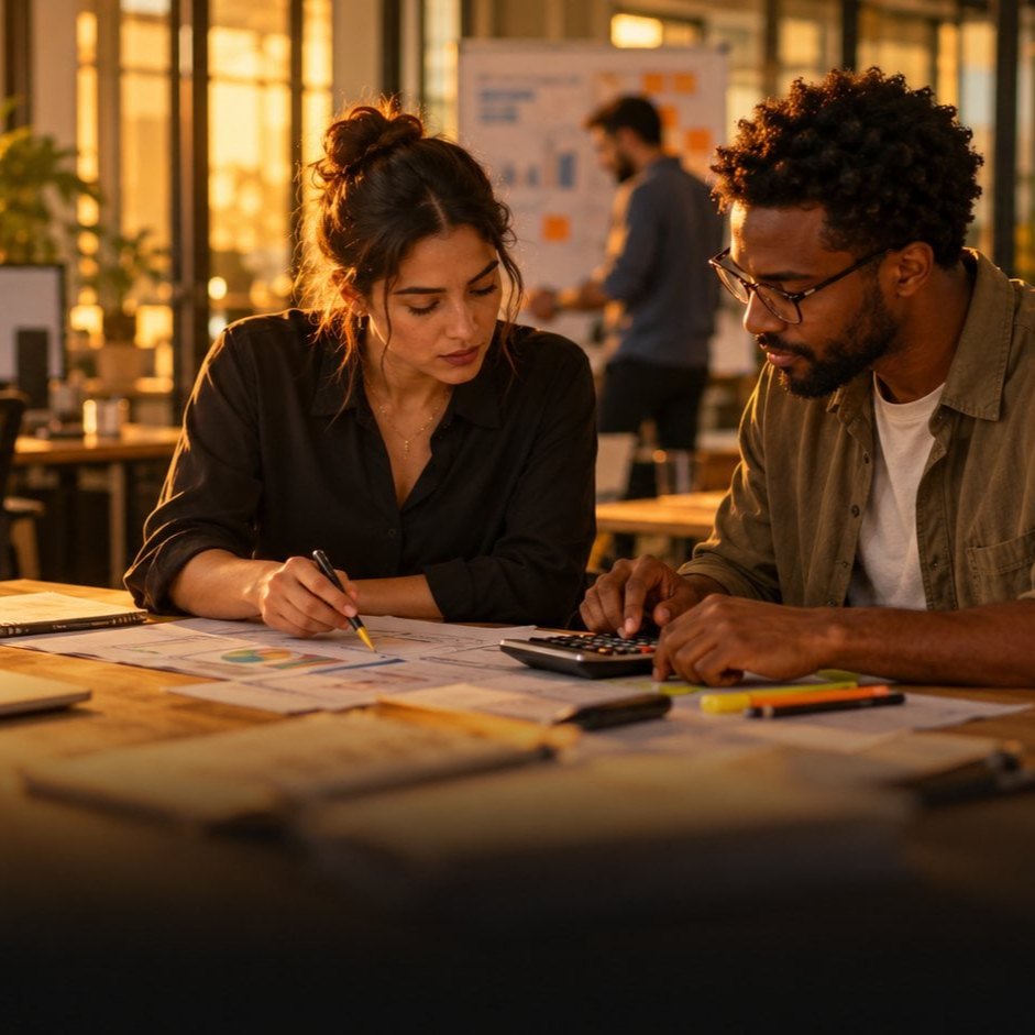 Two planners with a calculator and printed spreadsheet mapping a PPC budget