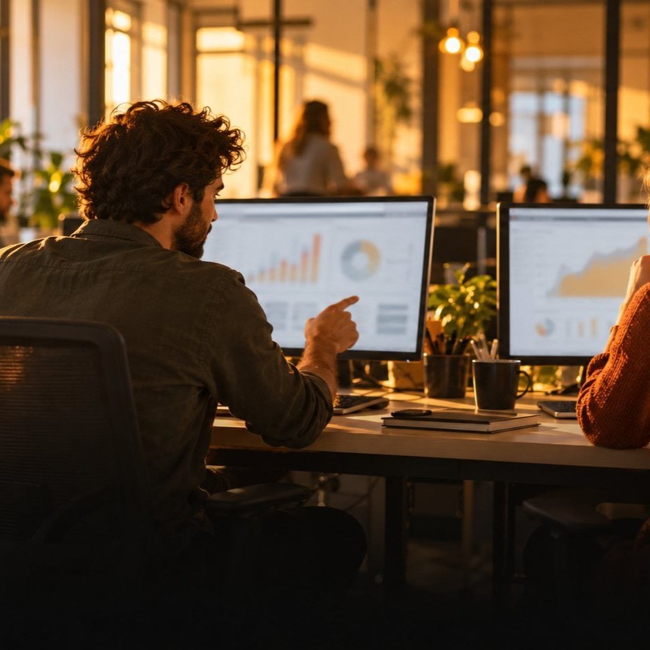 Two specialists at side-by-side monitors comparing SEO and PPC performance charts