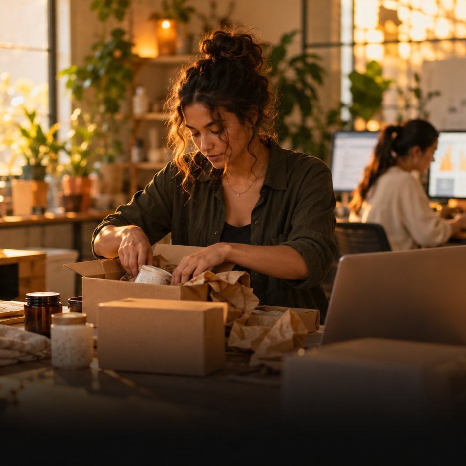 Founder packing product orders in shipping boxes in a sunlit studio
