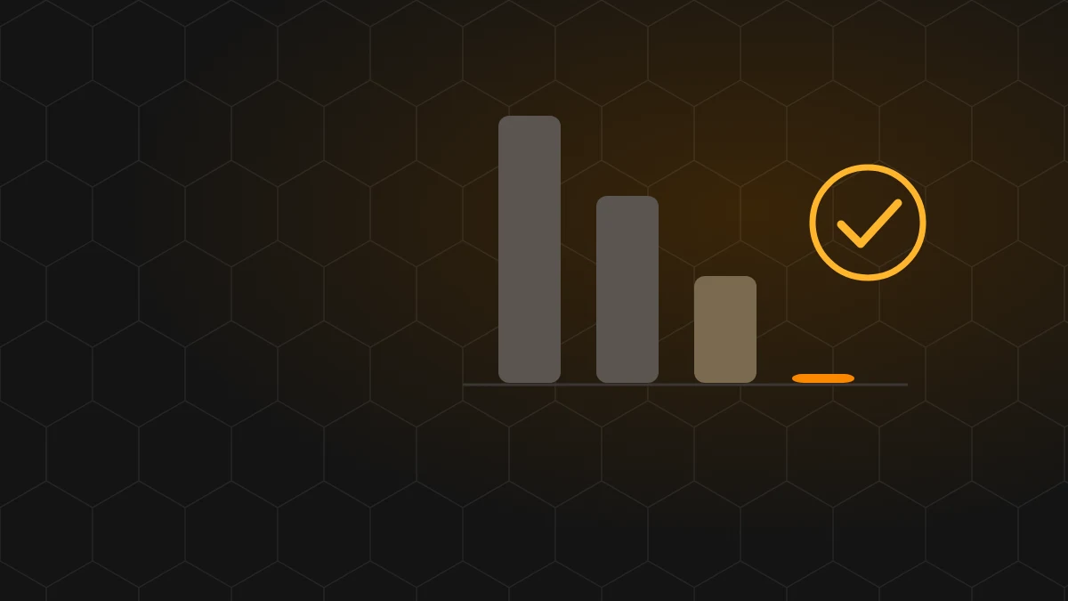 Abstract chart of error bars dropping to zero beside a check mark.