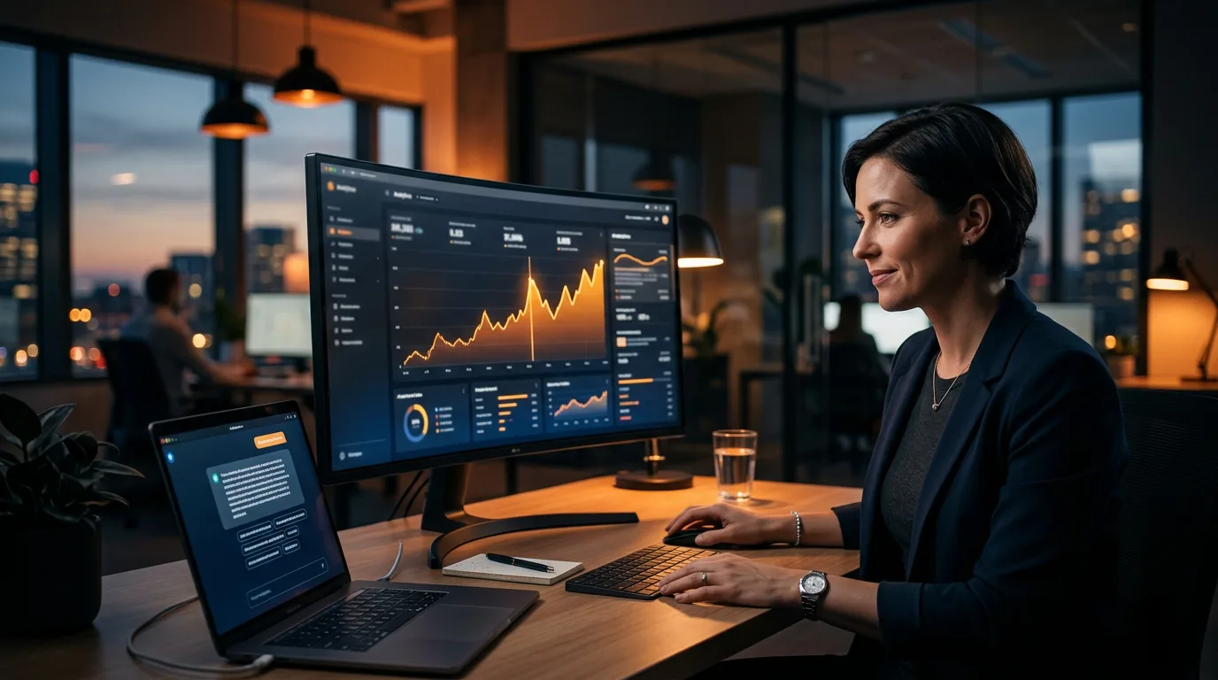 Marketing lead reviewing a sharp rise in direct traffic on an analytics dashboard next to an AI answer