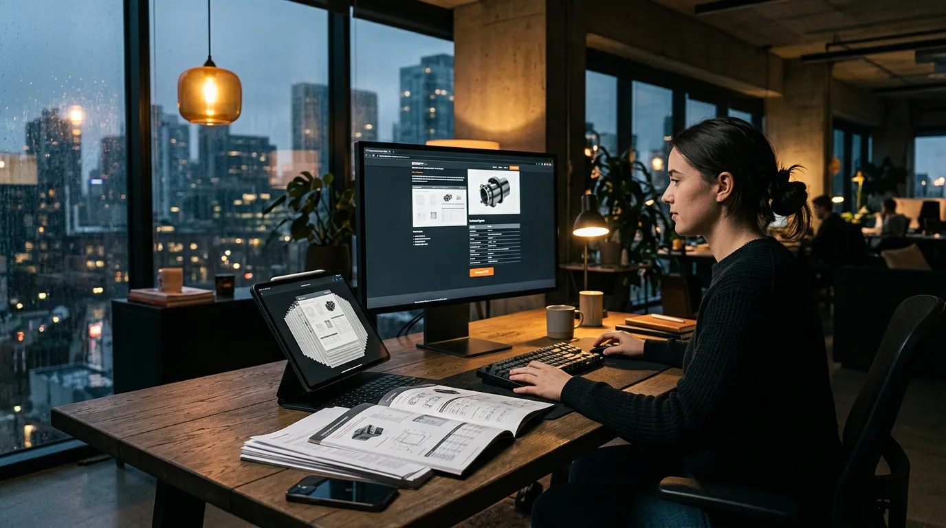 Designer rebuilding a printed spec-sheet catalog as a web page with a Download PDF button