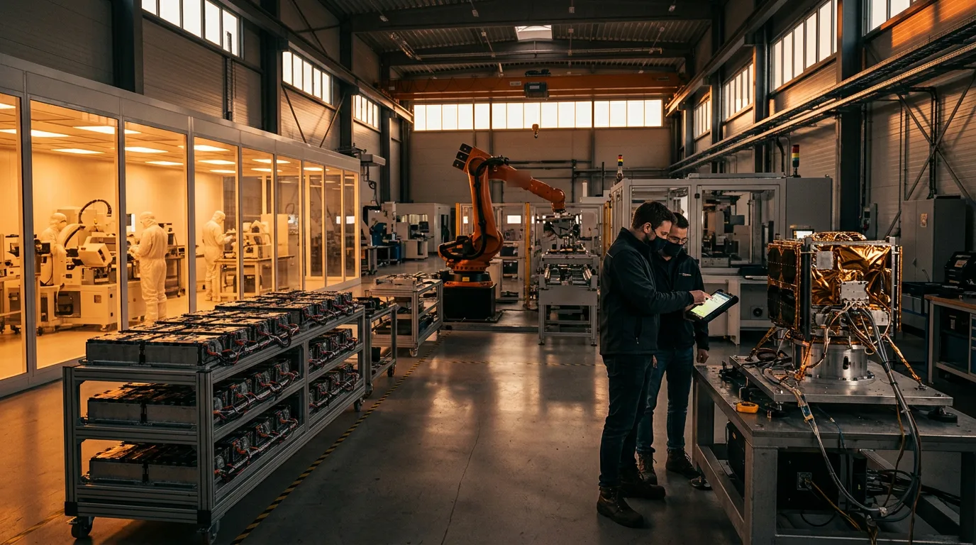 Engineers reviewing a satellite component on a test stand in an advanced manufacturing facility with a robotic arm, battery modules and a cleanroom
