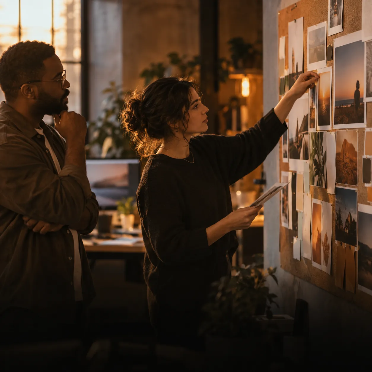 Paid social strategists reviewing ad creative variations pinned to a board